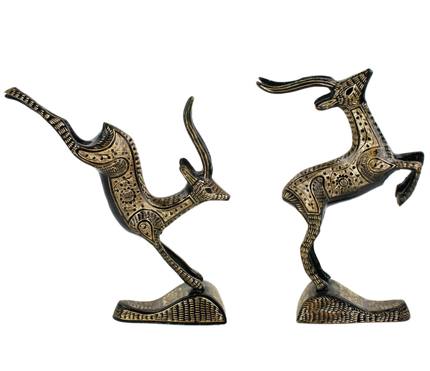 Pair of Scarce Mid-Century Hand-Engraved Black & Brass Gazelles