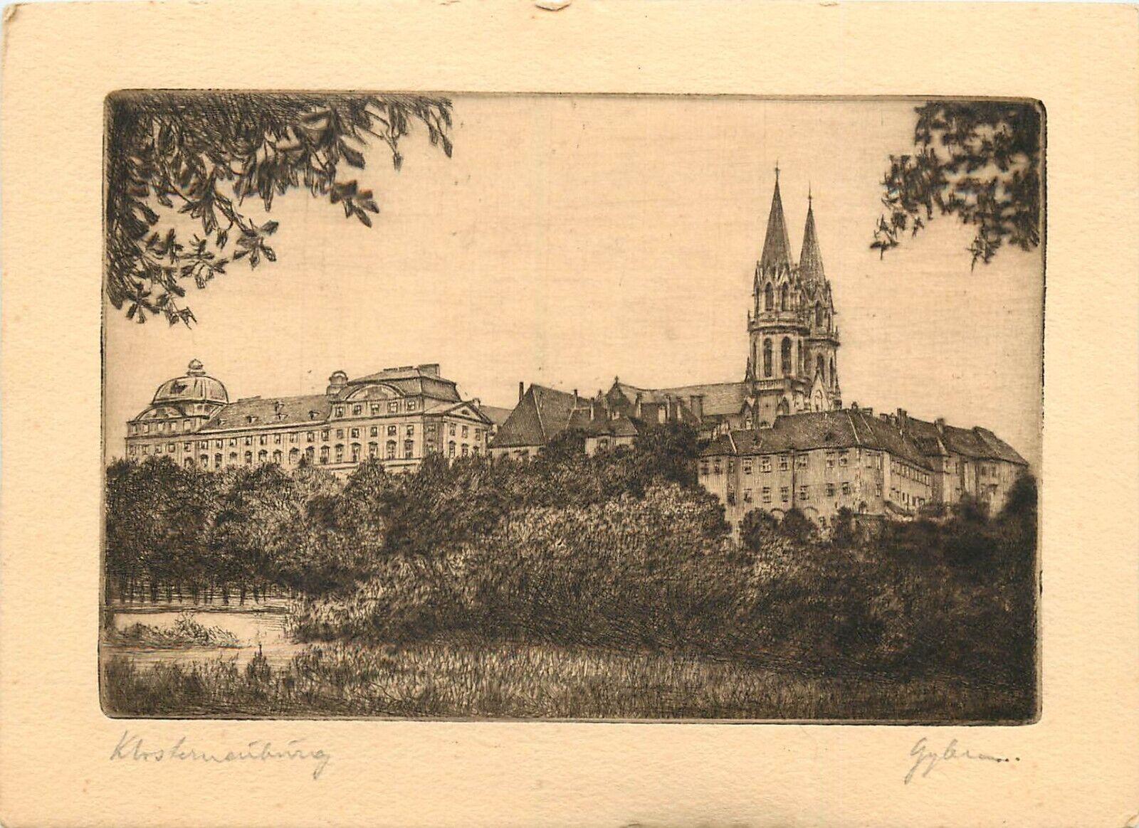 c1900 Small Etching Print Postcard; Klosterneuburg Abbey, Austria, Artist Signed