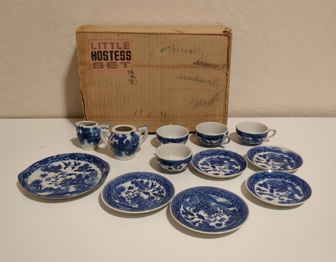 Vtg Little Hostess Tea Set Cups Plates Platter Cream Sugar Blue White Porcelain 