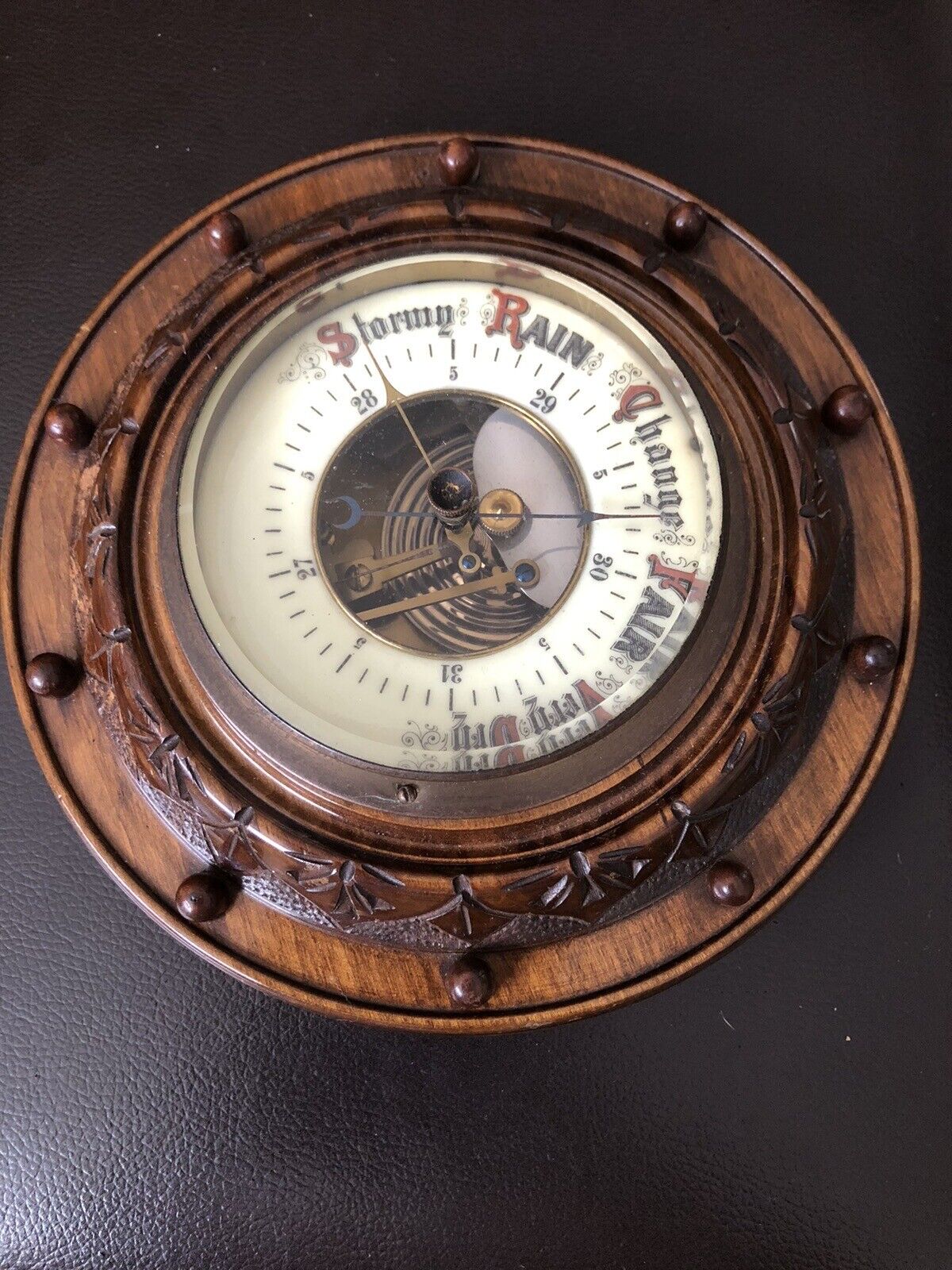 Antique Victorian Walnut Cased Aneroid Barometer (porcelain Dial)