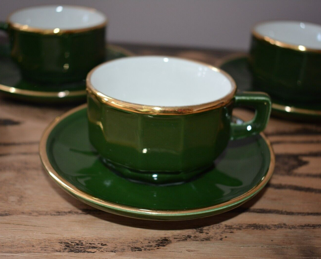 Vintage APILCO Set of 4 French Bistro Porcelain Coffee Cups & Saucers Green Gold