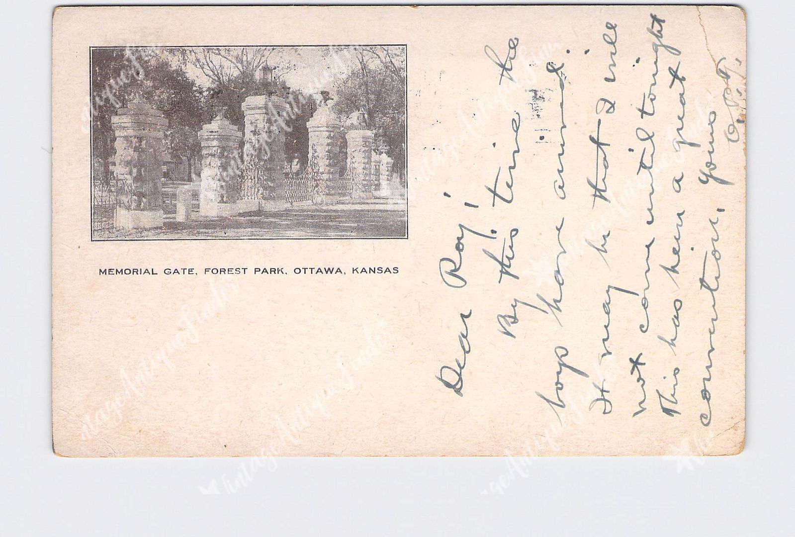 PPC Postcard KS Kansas Ottawa Memorial Gate Forest Park Undivided Back