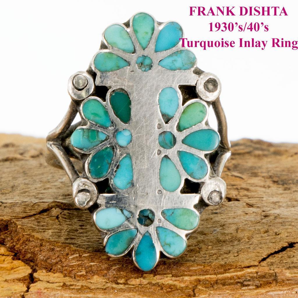 FRANK DISHTA Turquoise Flush Inlay Ring Sterling Silver ZUNI sz 4.5 OLD Pawn