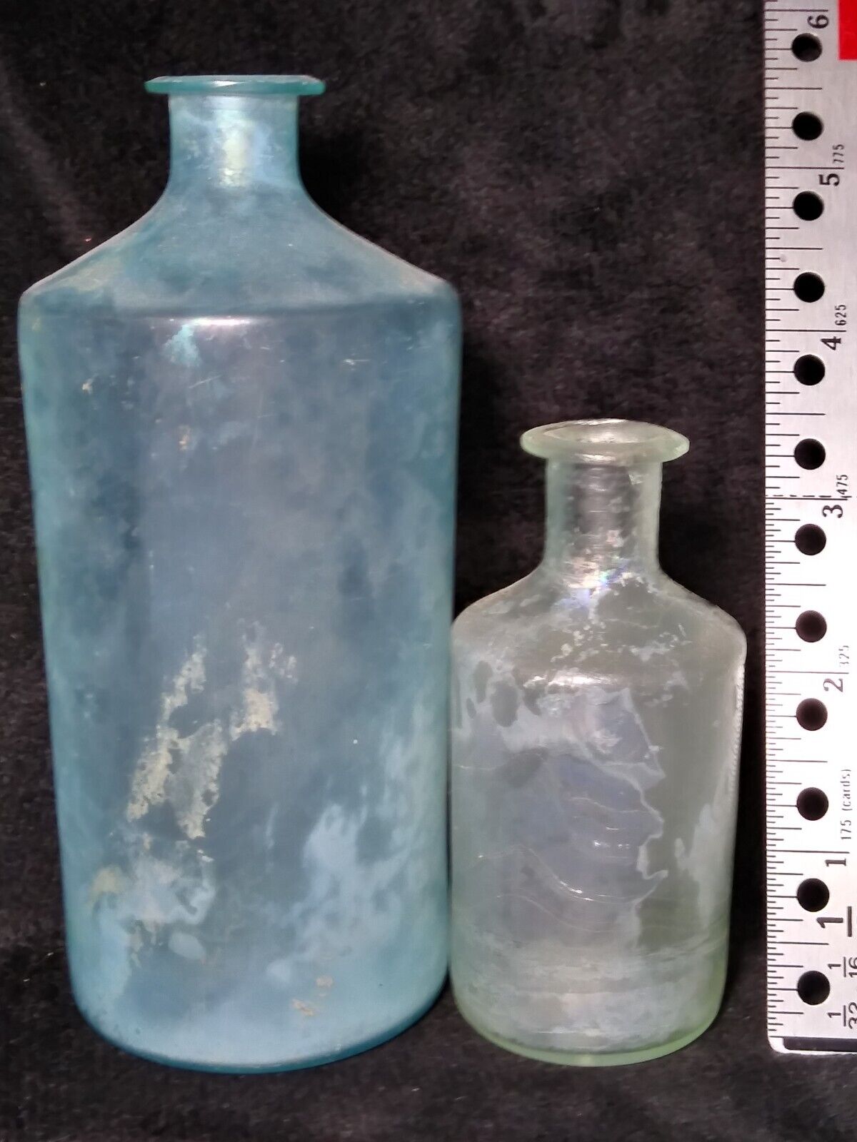2 RARE Perfect Pontil Medicine Bottles Aqua Color Thin Glass Of 1830s Iridescent