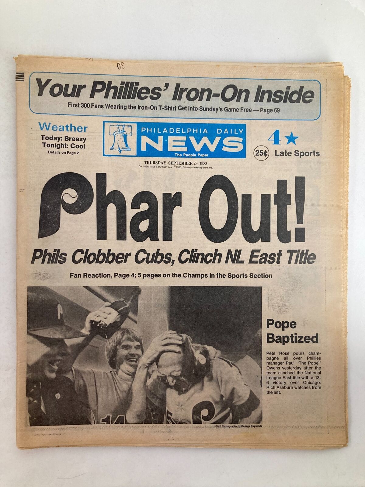 Philadelphia Daily News Tabloid September 29 1983 Peter Rose Pope Baptized