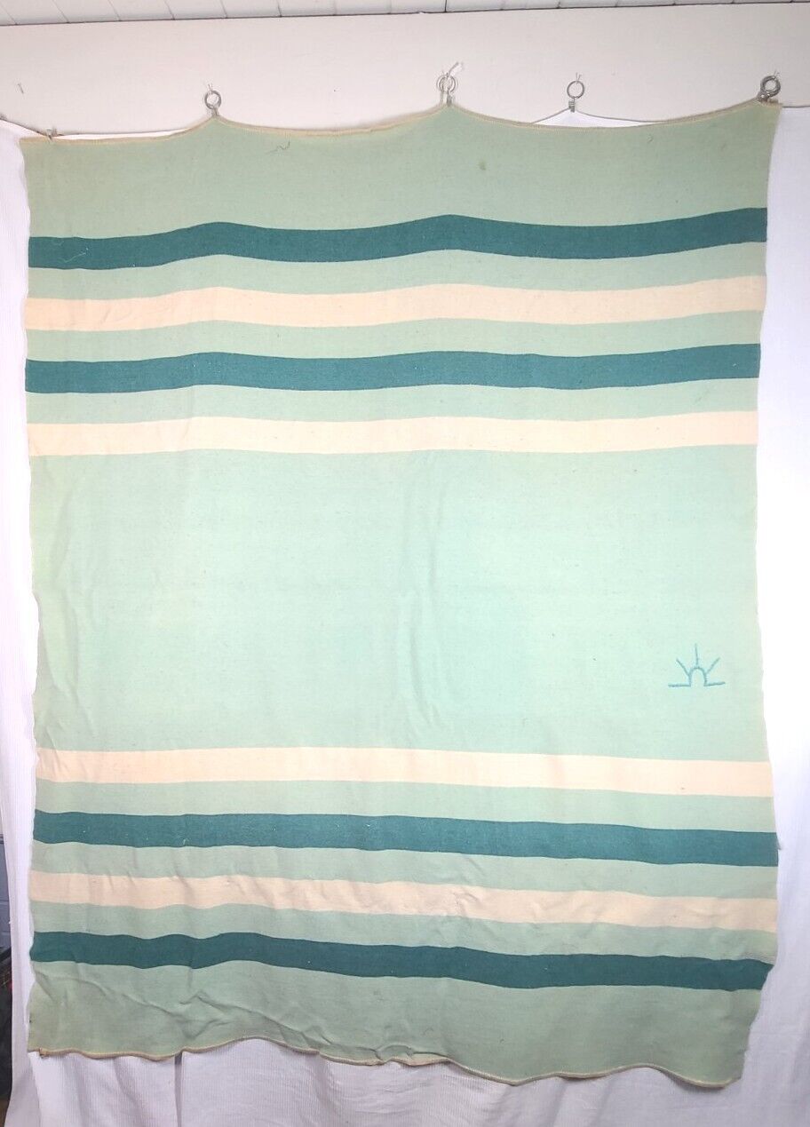 Vtg Baron\'s Woolens Jade Green Wool Blanket Woven Camp Stripe 1950s Hudson 68x90