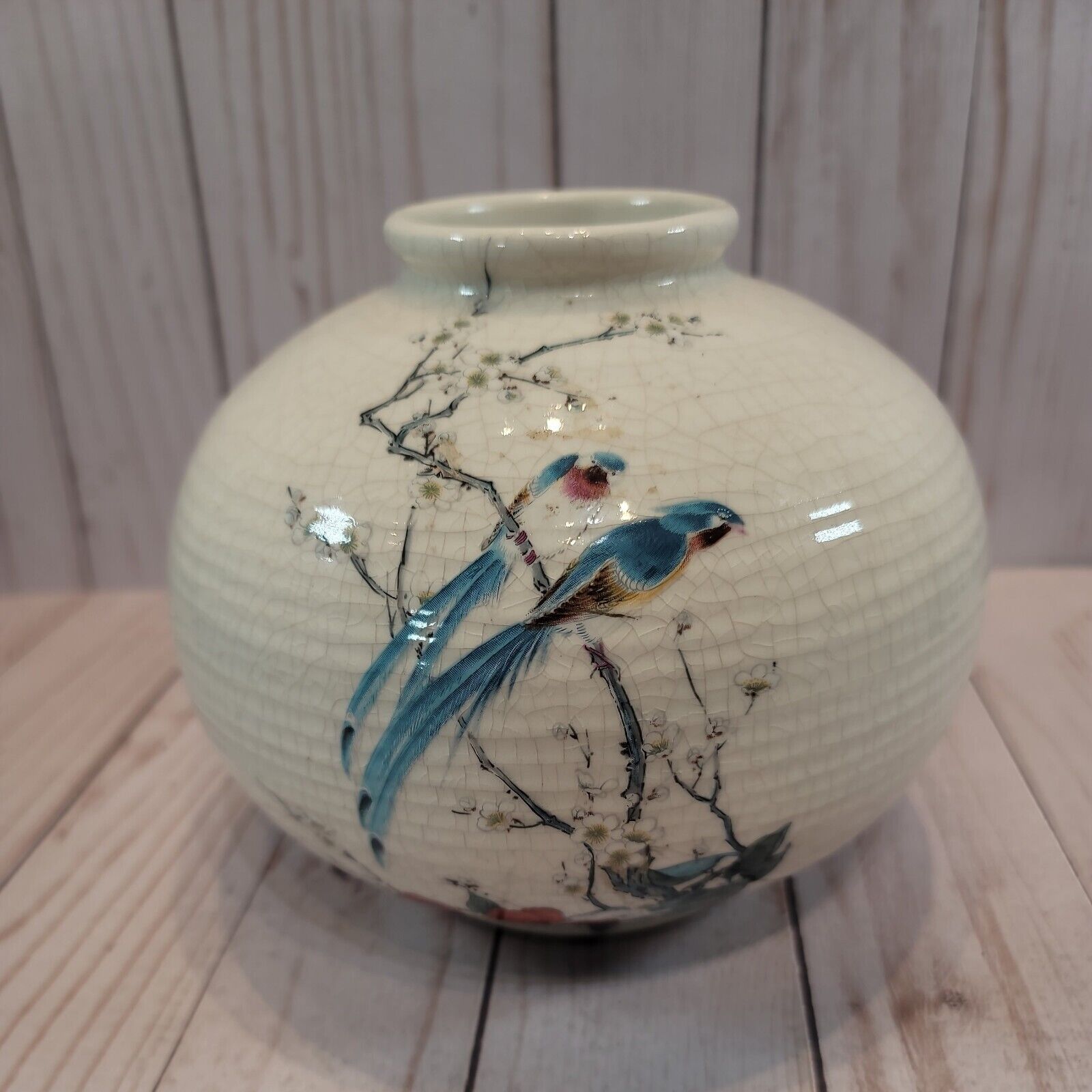 Vintage Tresure Craft Asian Art Crackle Vase w Birds Branches Flowers and Leaves