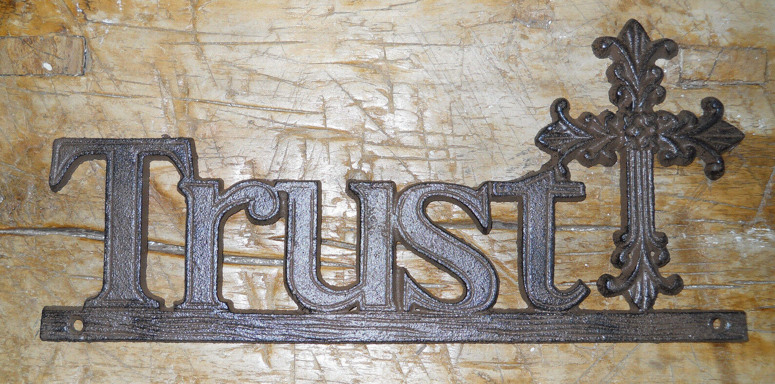 Cast Iron Wall Plaque TRUST CROSS Rustic Ranch Country Decor WESTERN CROSS Brown