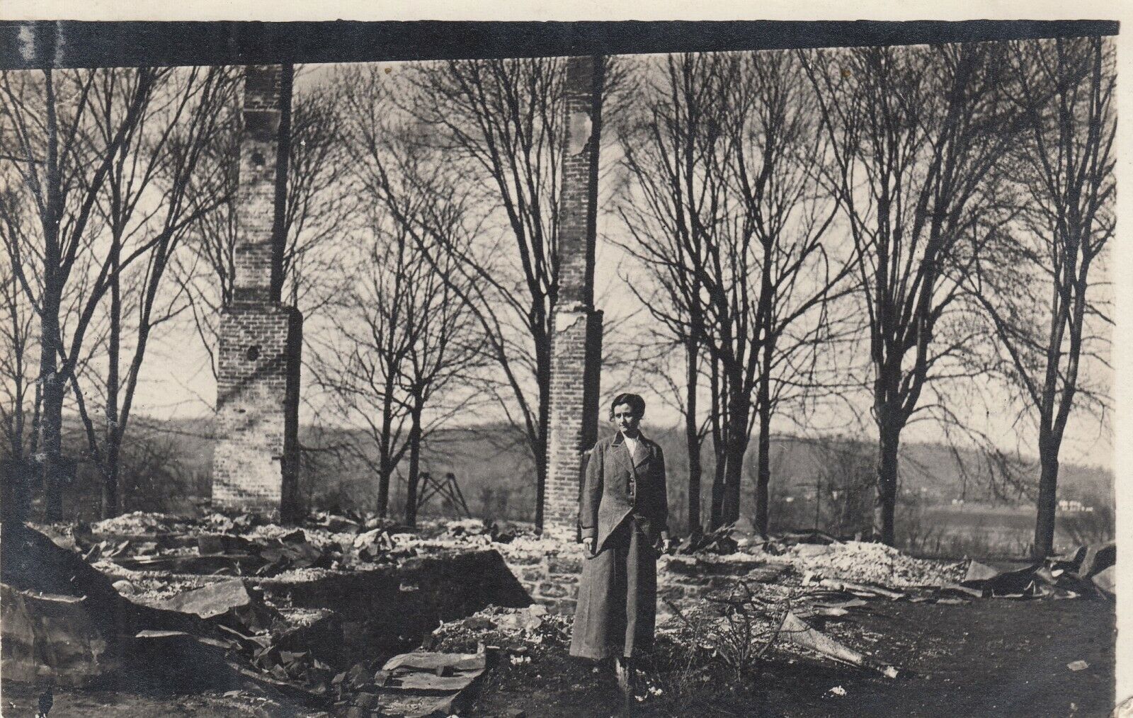 Vintage RPPC Real Photo Postcard - Sad woman, House burned down, Insurance Paid