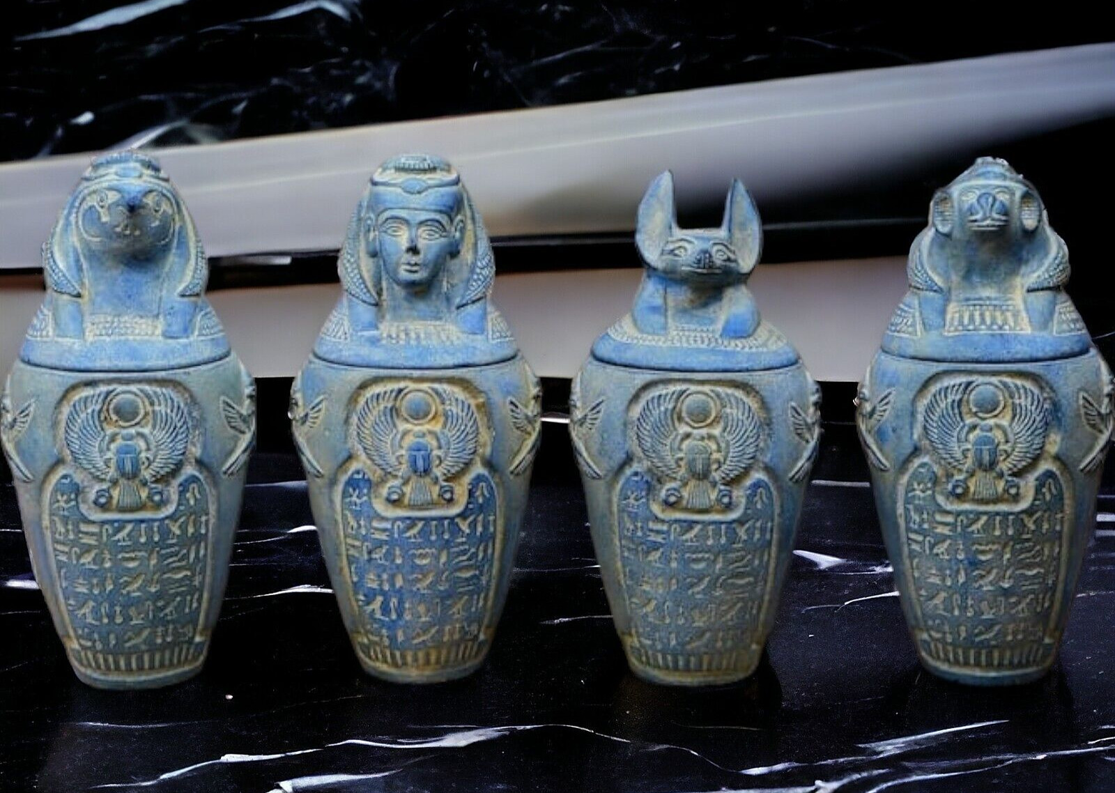 RARE ANCIENT EGYPTIAN ANTIQUE Set Heavy Of 4 Canopic Jars Sons Of Horus Handmade