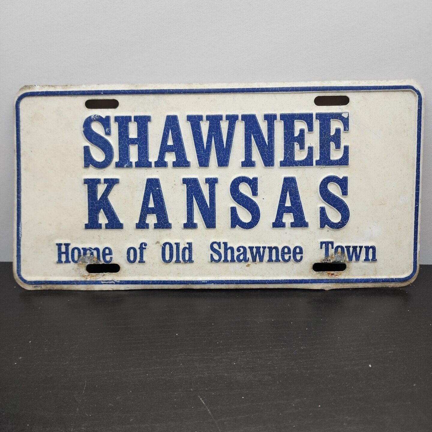 Antique Shawnee Kansas Rare Emboss License Plate Home Of Old Shawnee Town Vtg 