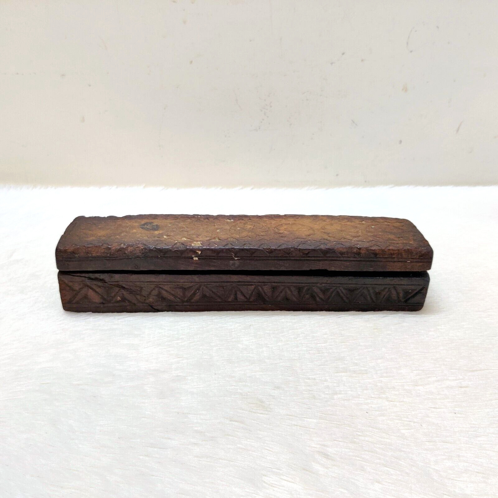 19C Vintage Handcrafted Wooden Pen Pencil Silver Inkwell Holder Box Collectible