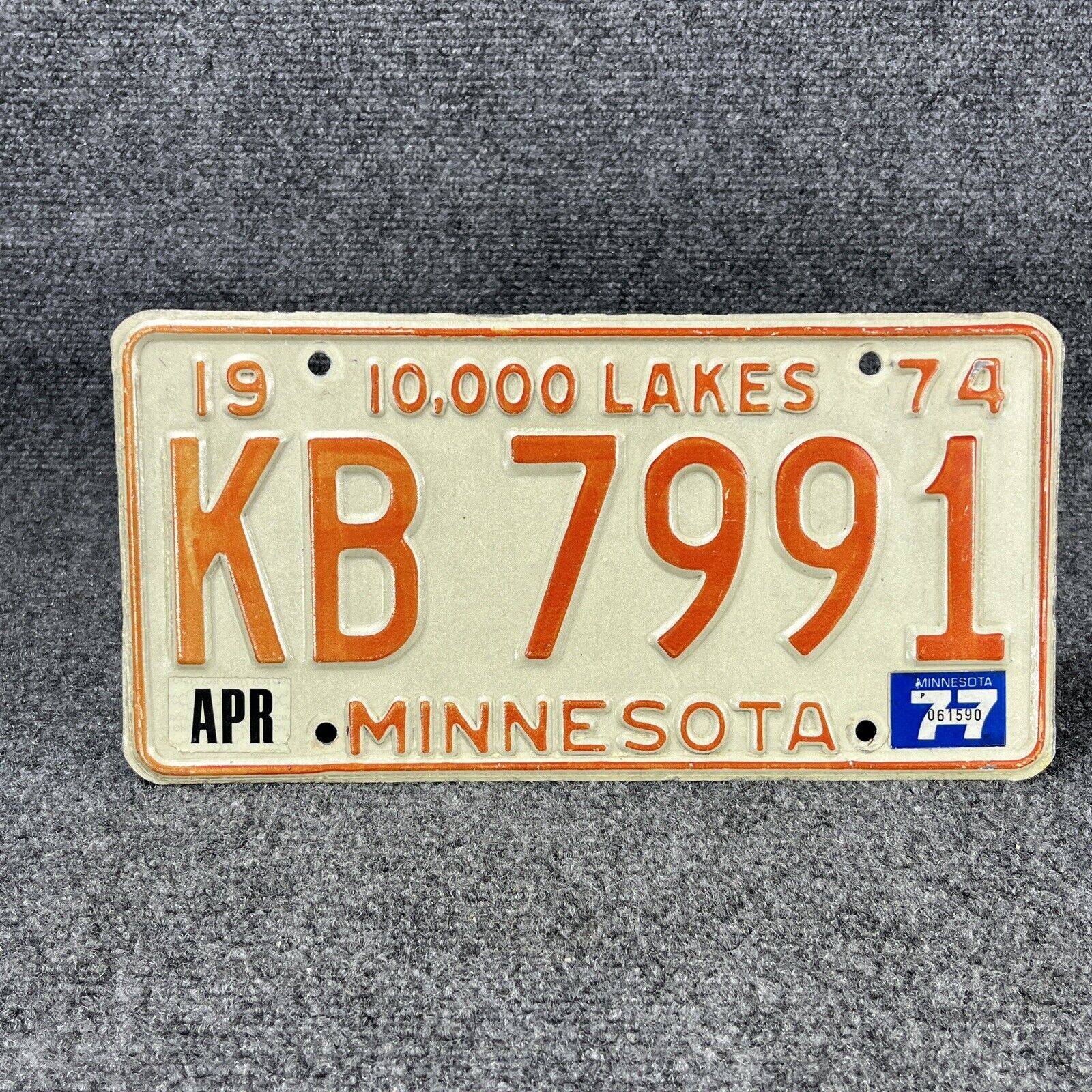 1974 Minnesota License Plate Orange White Raised Letters Numbers Embossed 10,000