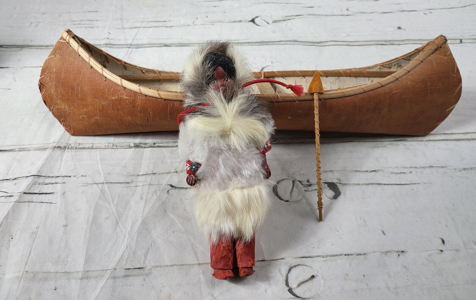 Hand Made Primative Decor Birch Bark Canoe 16 in , Fur Eskimo Doll, and Spear