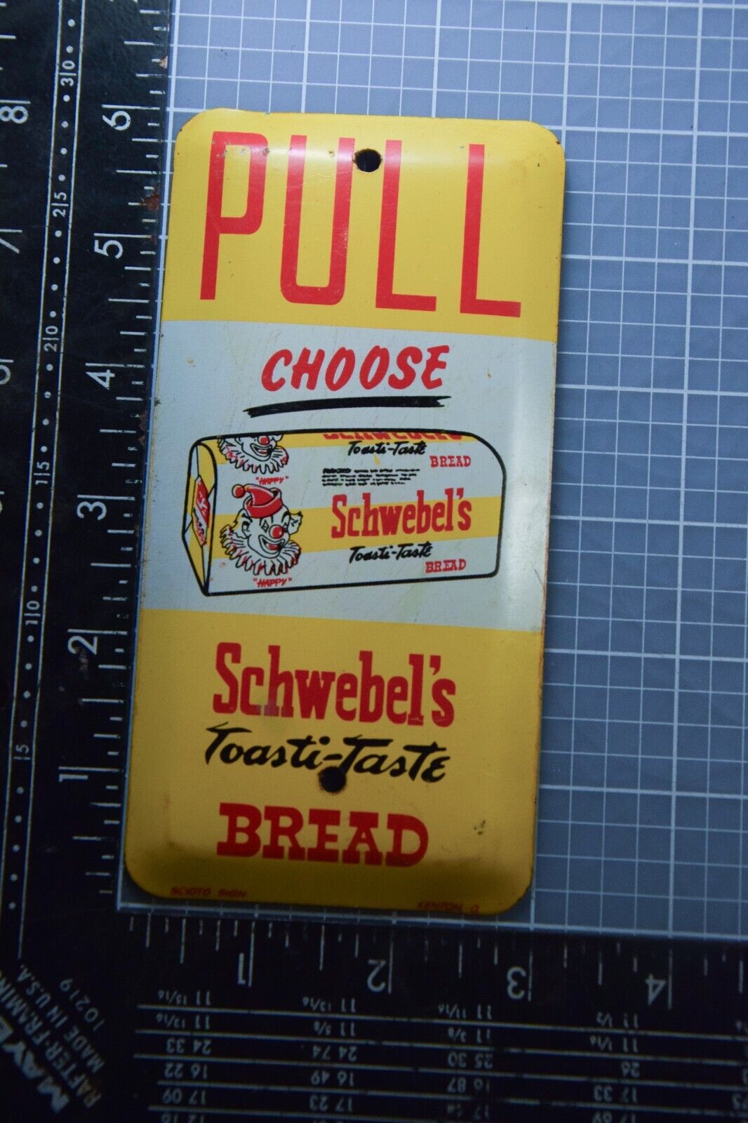 RARE 1950s PULL SCHWEBEL'S BREAD STAMPED PAINTED METAL DOOR SIGN BAKERY CLOWN