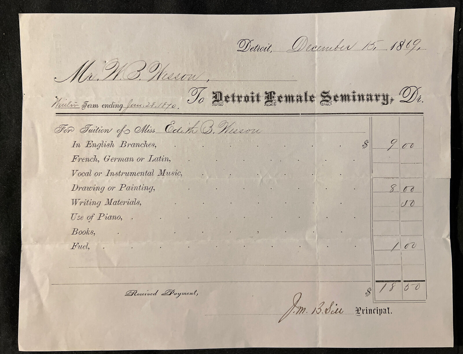 Original 1869 DETROIT FEMALE SEMINARY Tuition Invoice of Classes EDITH B WESSON