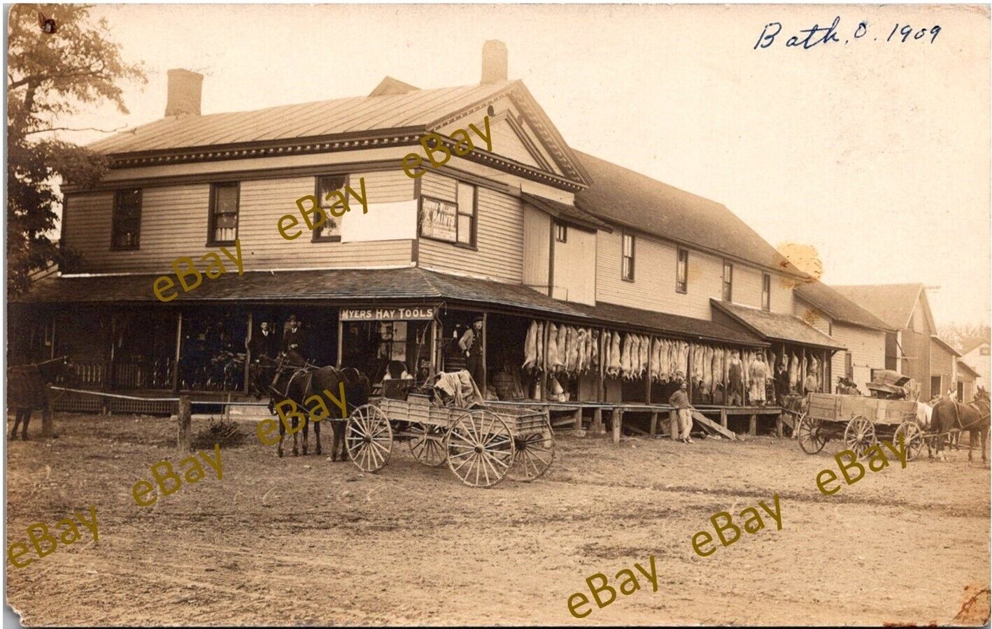 Postcard OH Bath, Ohio-RPPC Real Photo, Myers Hay Tools, Slaughterhouse 1909 Cl