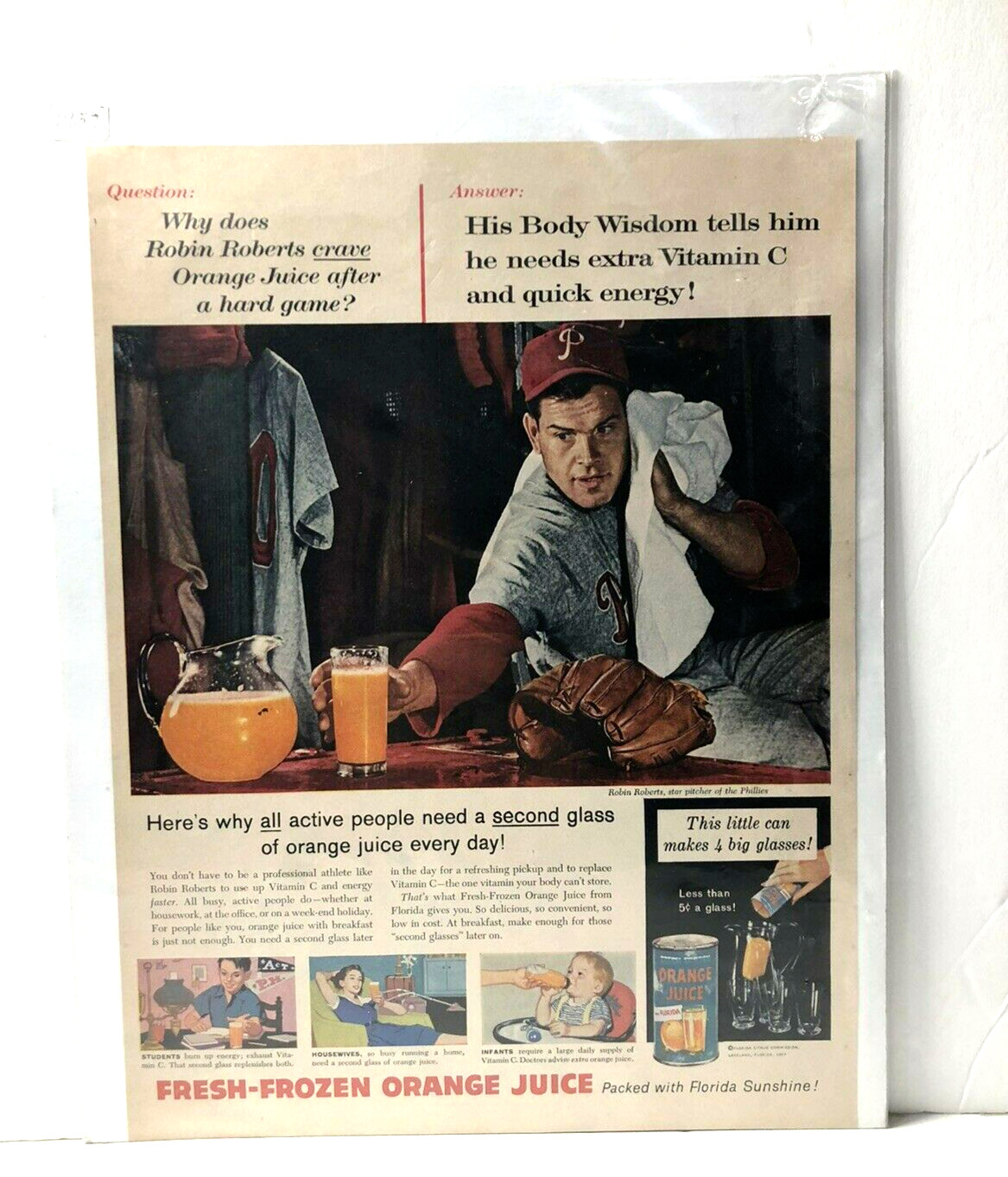 1957 magazine print ad - Baseball Phillies Robin Roberts - Florida Orange Juice