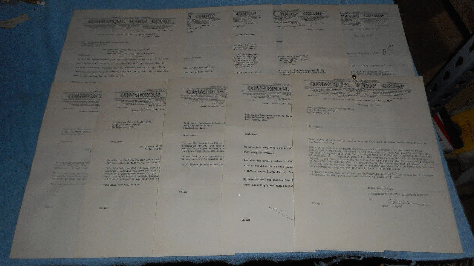 Lot of 10 1930s Commercial Union Group Letters To Burlington Insurance Realty IA