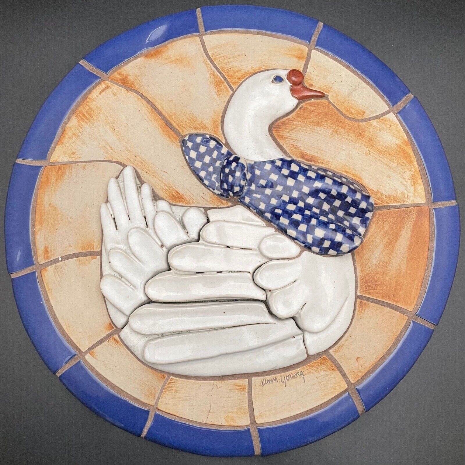 Mother Goose Round Ceramic Mosaic Wall Art Signed by Ann Young USA 16\