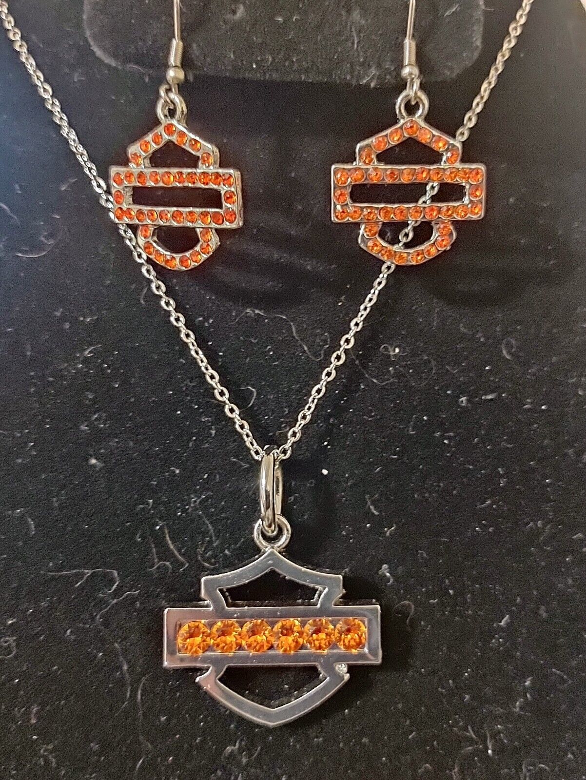Harley Davidson Orange Swarovski crystal  earrings & Necklace