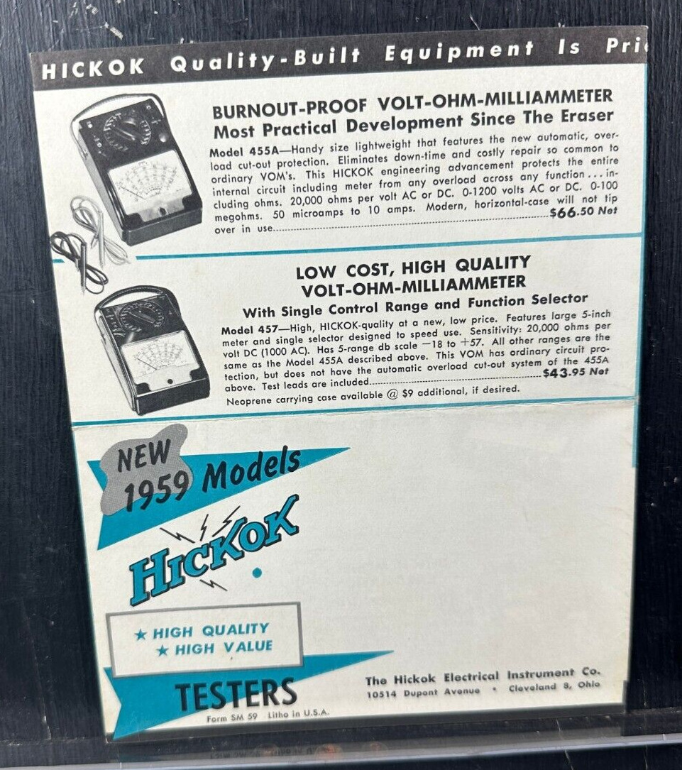 Vintage 1959 Hickok New Model Tester Mailing Brochure 539B 533AP 800 750 752