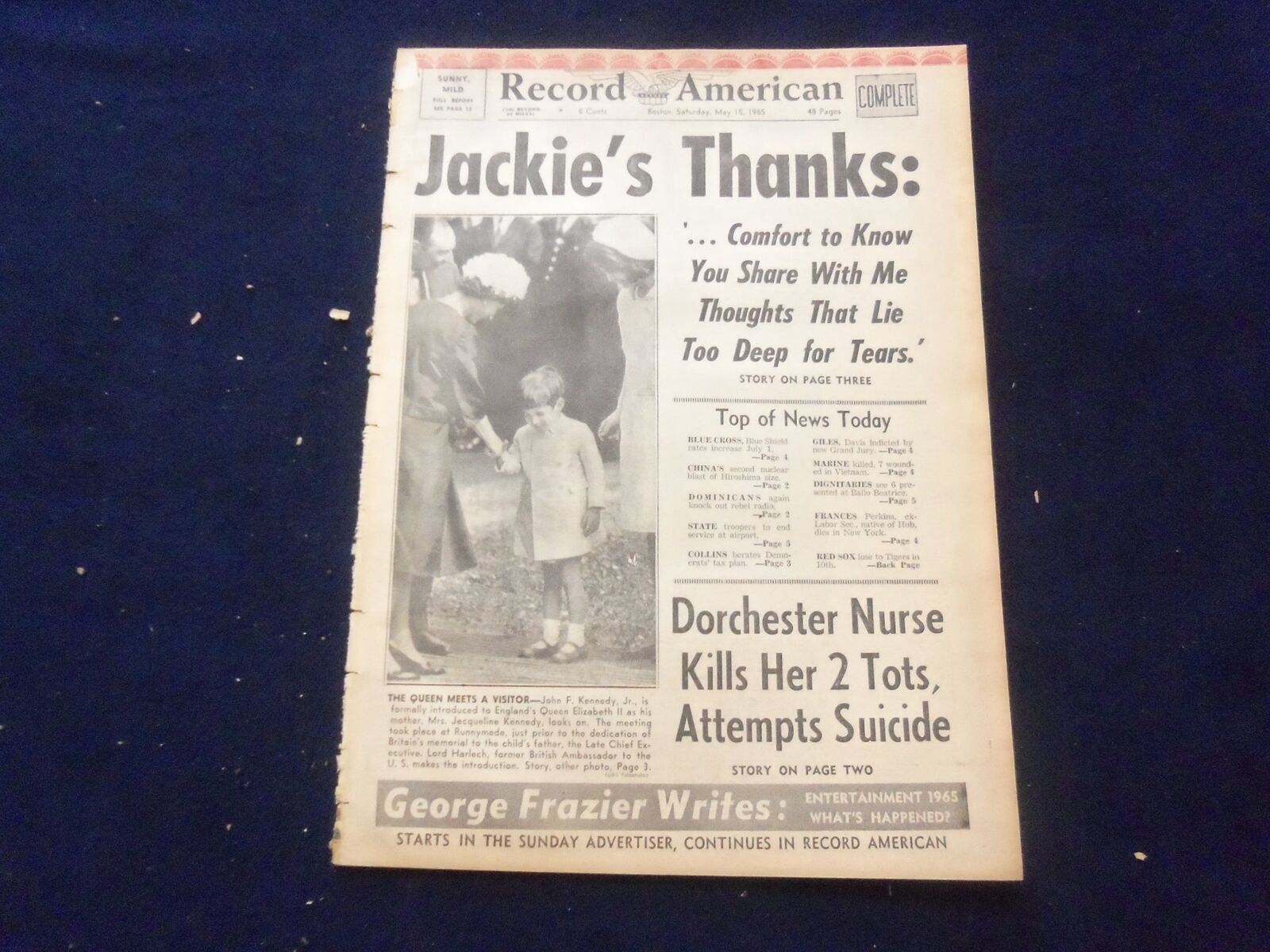 1965 MAY 15 BOSTON RECORD AMERICAN NEWSPAPER - JACKIE KENNEDY'S THANKS- NP 6291