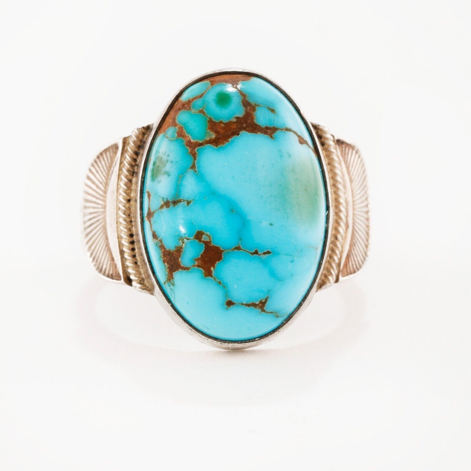 EARLY NATIVE AMERICAN STERLING BLUE THUNDERBIRD TURQUOISE STAMPED RING 5.5