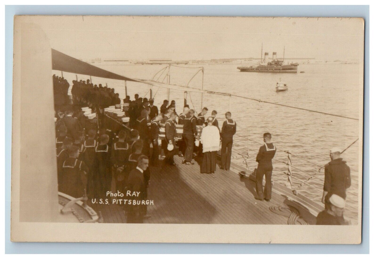 c1920's U.S.S. Pittsburgh Funeral At Sea Flag Casket RPPC Photo Vintage Postcard