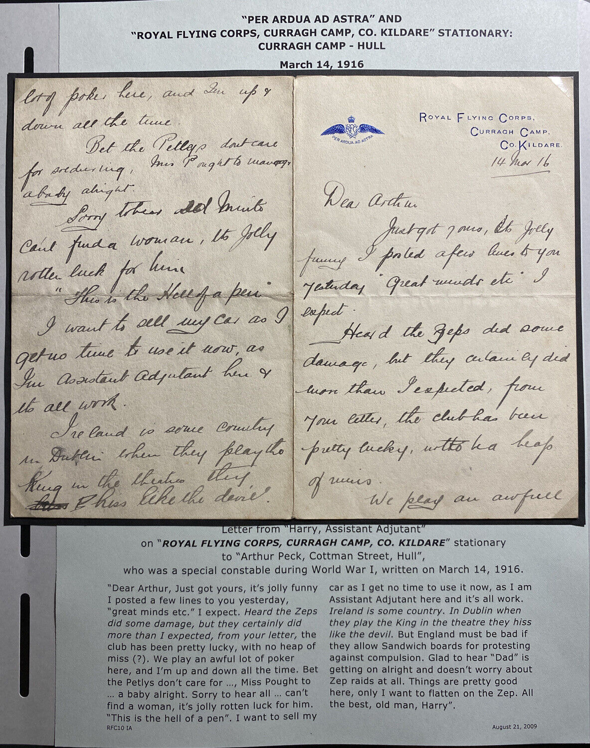 1916 Royal Flying Corp Curragh Camp Ireland Letter To Arthur Peck Hull England