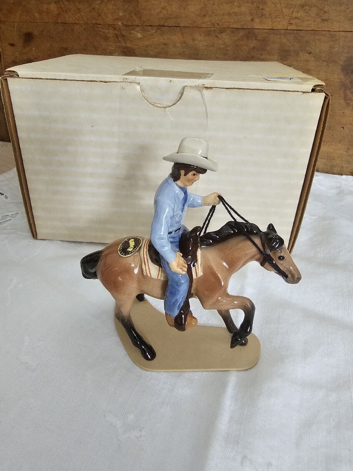 Retired Hagen Renaker Cowboy on Brown/black Cutting Horse NOS Orig Box