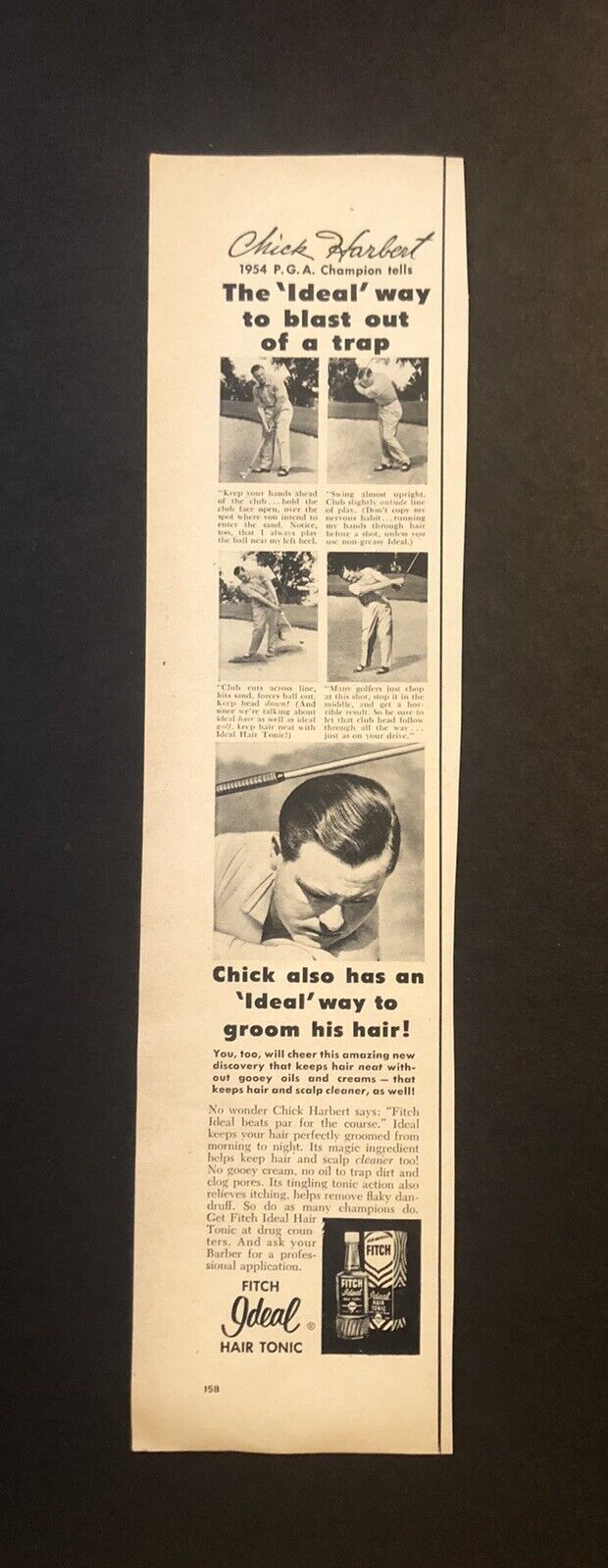 1950’s Ideal Hair Tonic Chick Harbert PGA Golf Champion Magazine Ad