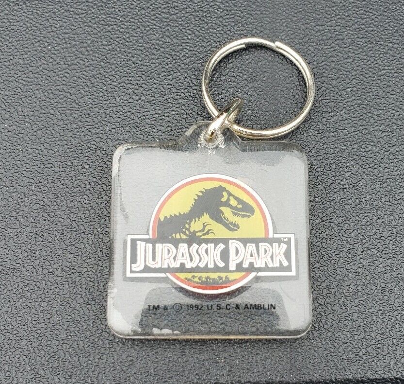 Vintage Jurassic Park 1992 Keychain Amblin Clear Plastic Original Film Merch