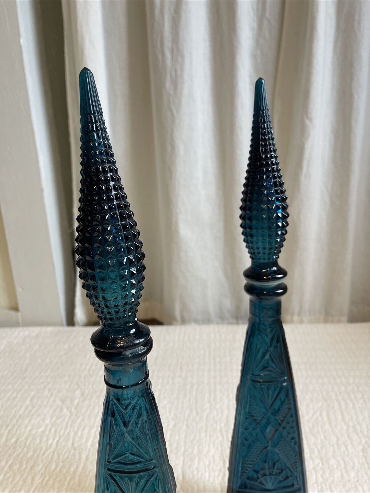 Pair of Blue Empoli “Tiki” 3 Sided Glass Decanter Genie Bottle & Stoppers MCM