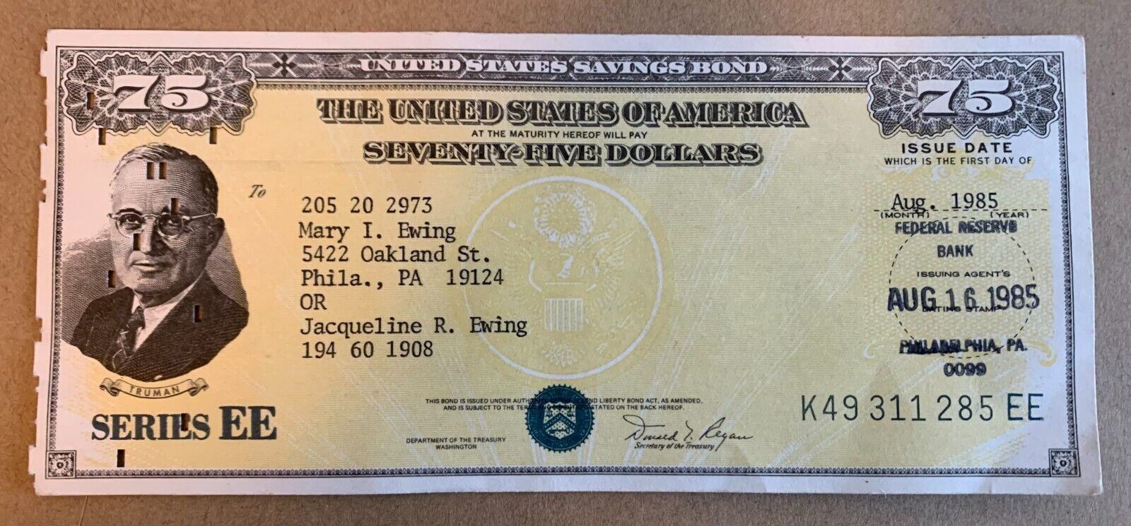$75 United States Savings Bond (Uncanceled) - U. S. Treasury Bonds 1985 unsigned