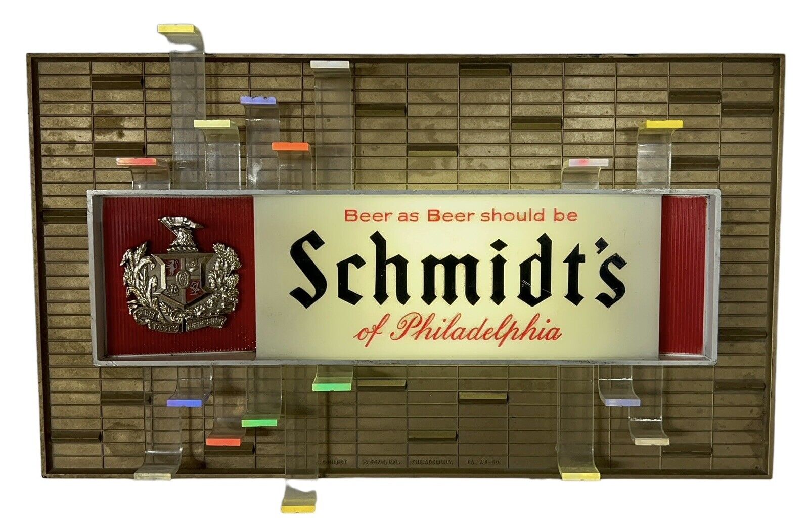 Vintage Schmidt Beer Wall Light Sign WS-59, Schmidt's Philadelphia Works *RARE*