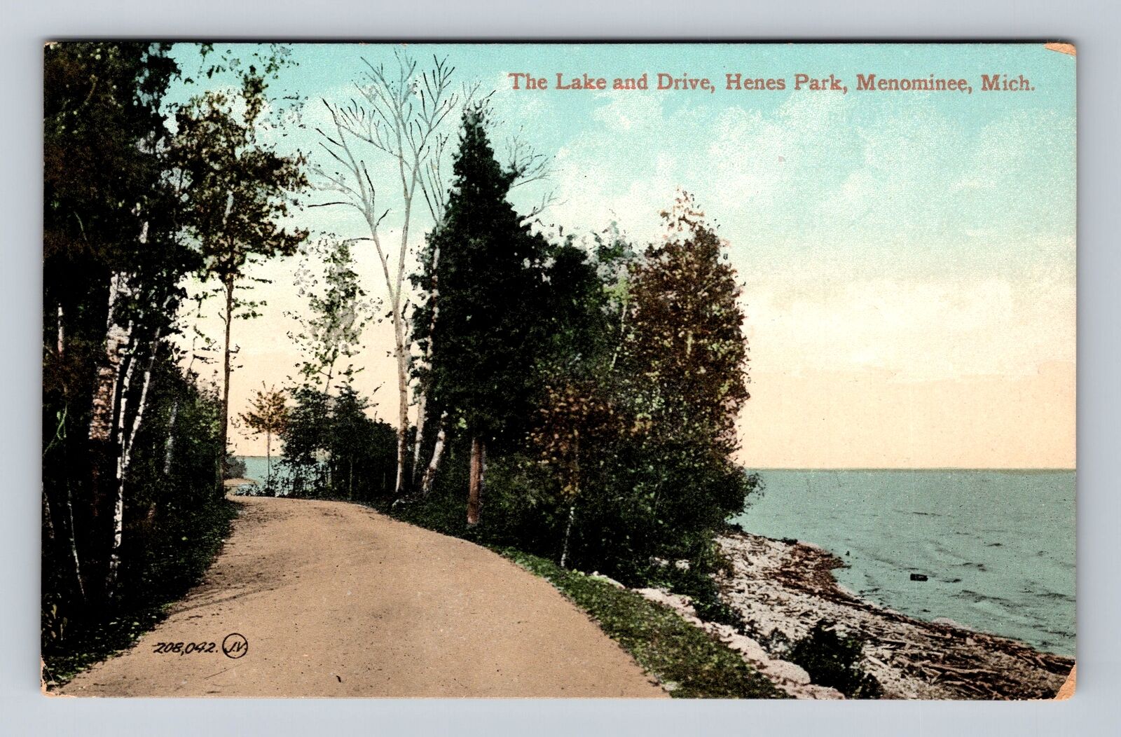 Menominee MI-Michigan, Henes Park, Lake & Drive, Antique Vintage Postcard