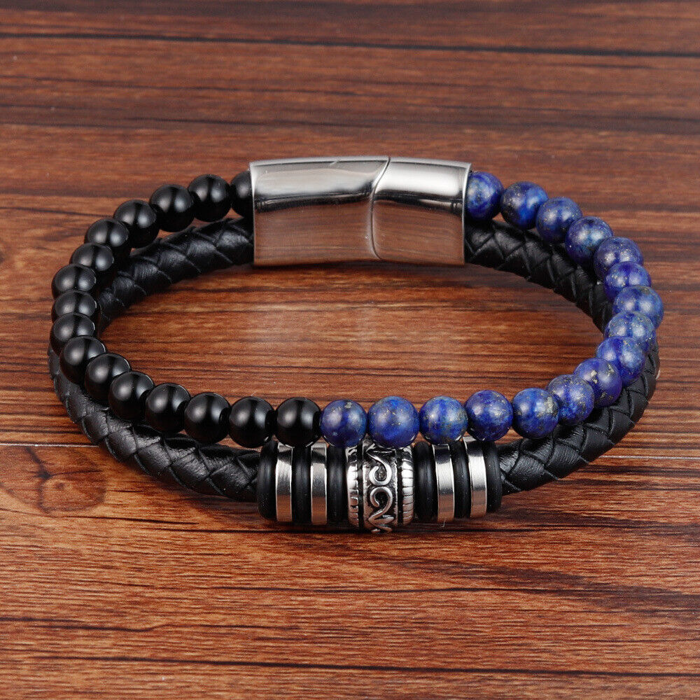 1PC Men\'s Natural Gemstone Leather Braided Bracelet Stainless Steel Bangle Gift