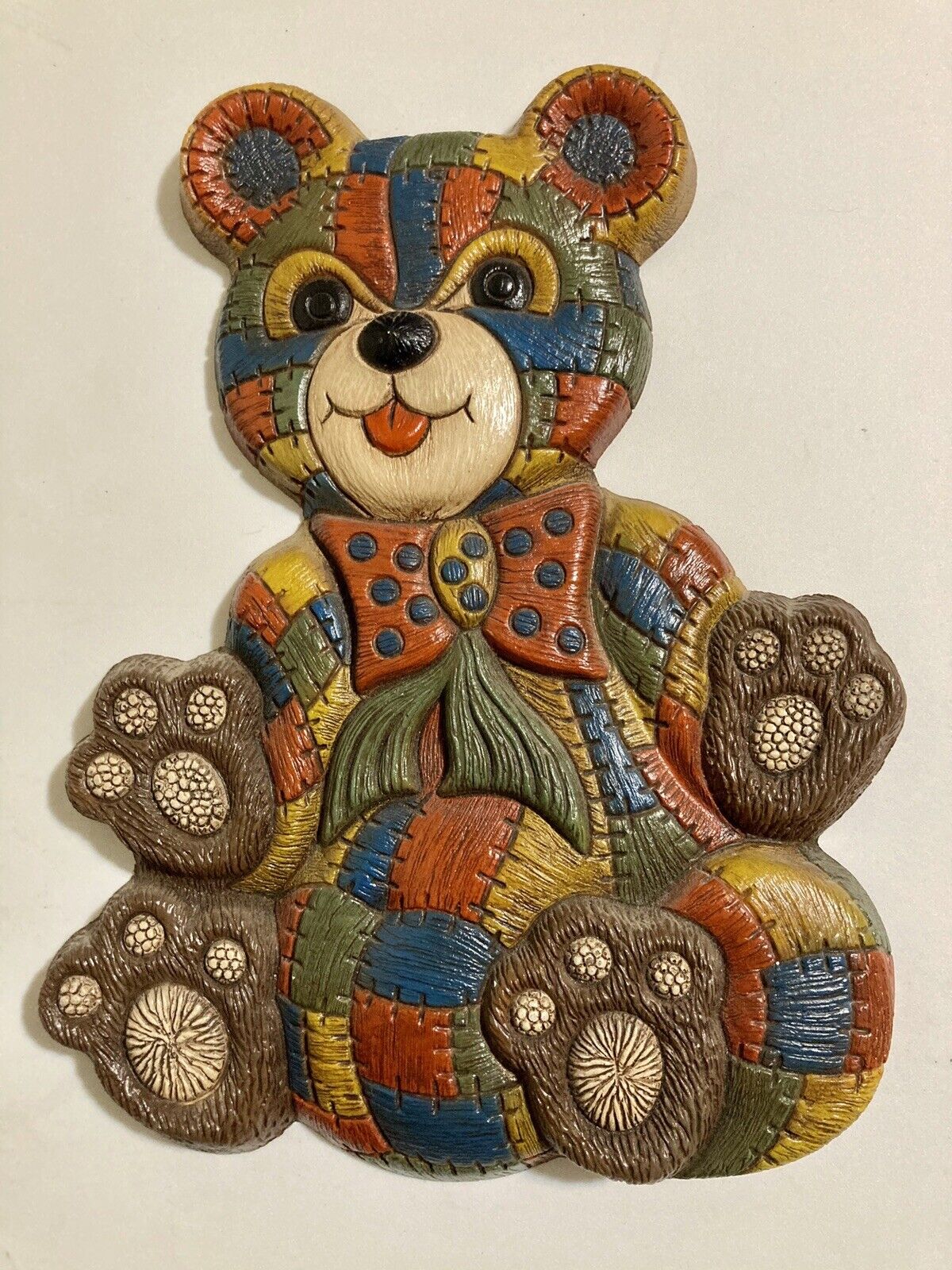 Vintage 80s Children’s Teddy Bear Clown Patchwork Foam Craft Wall Hangings Set 2