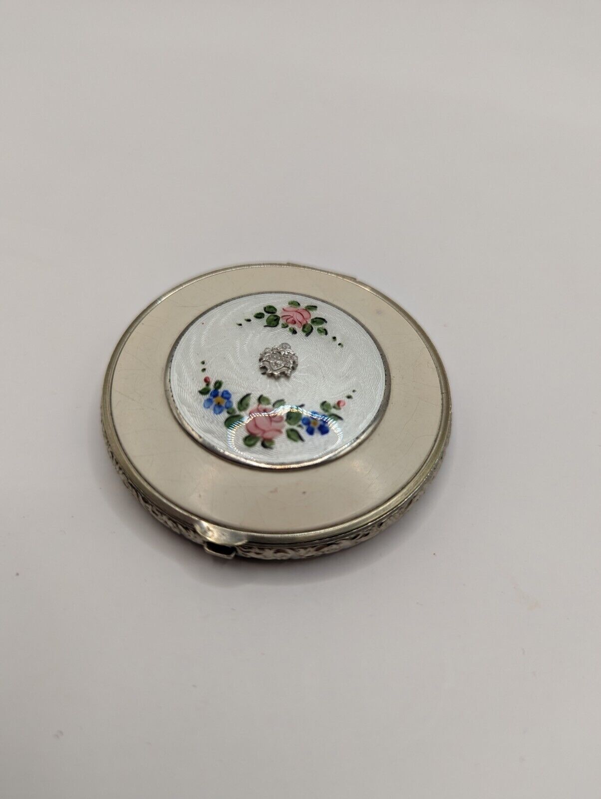 Vintage 1930s Silver And Guilloche Enamel Rose Decorated Compact