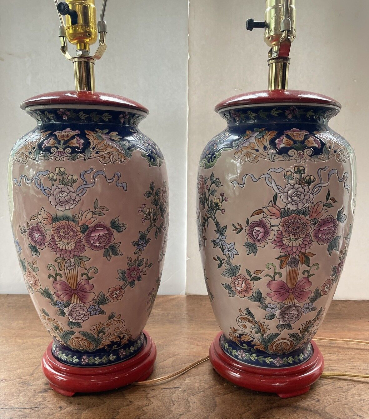 Pair of Handpainted Moriage Chinese Porcelain Lamps Chinoiserie Floral Large Vtg
