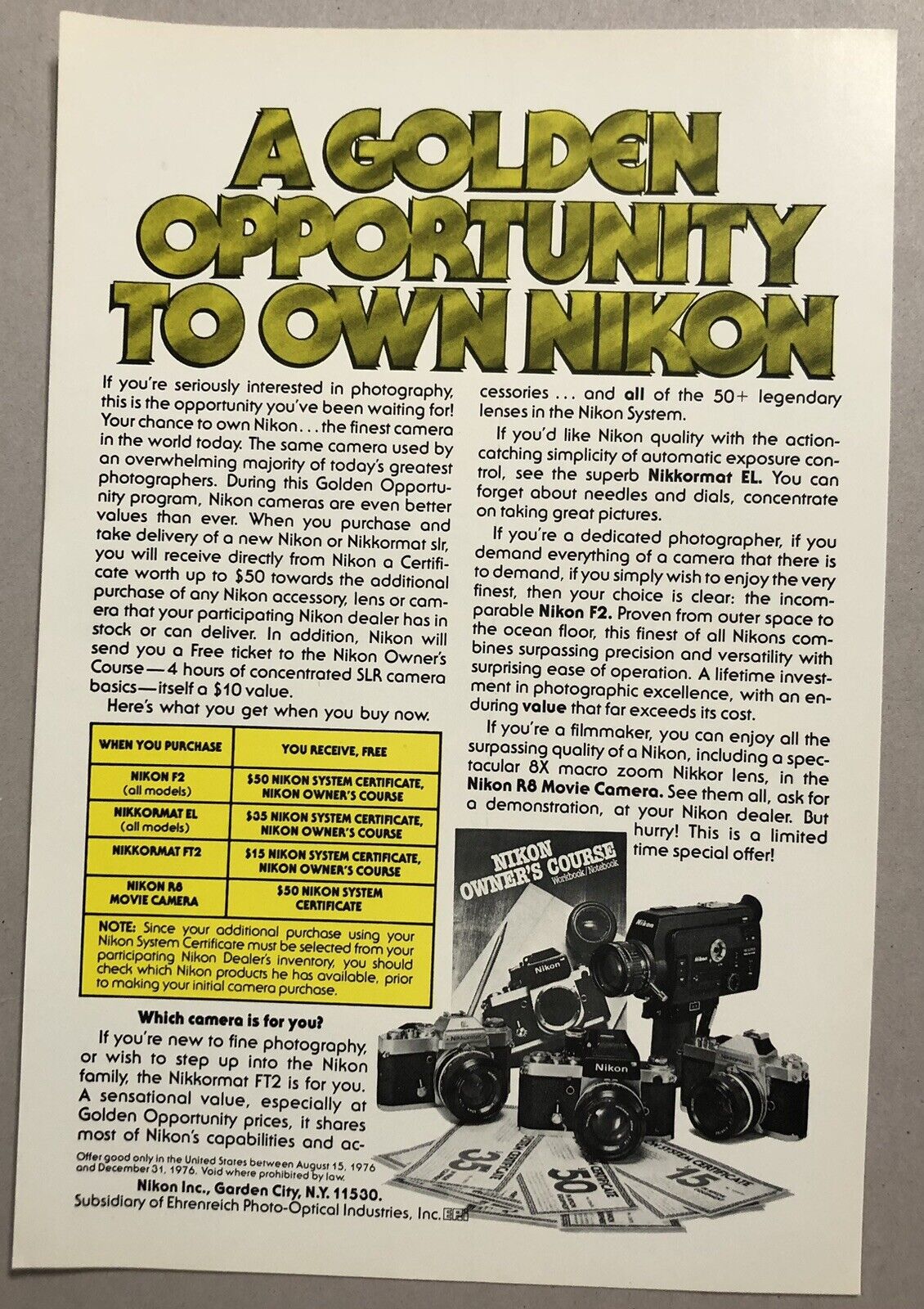 Vintage 1977 Original Print Advertisement Full Page - Nikon Golden Opportunity