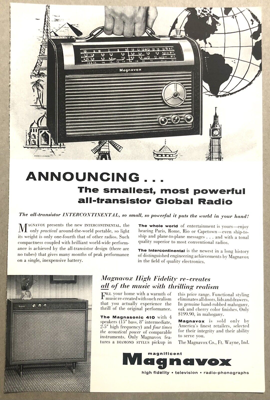 Vintage 1957 Original Print Advertisement Full Page - Magnavox Global Radio