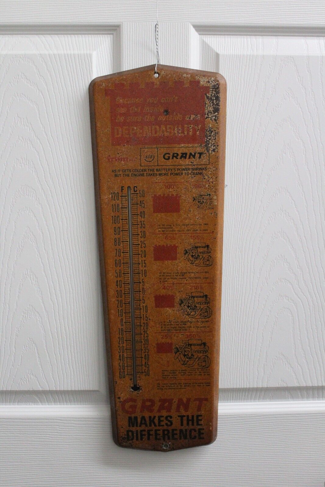 VINTAGE ESB GRANT BATTERY STAMPED METAL OUTDOOR THERMOMETER SIGN WORKS 24\