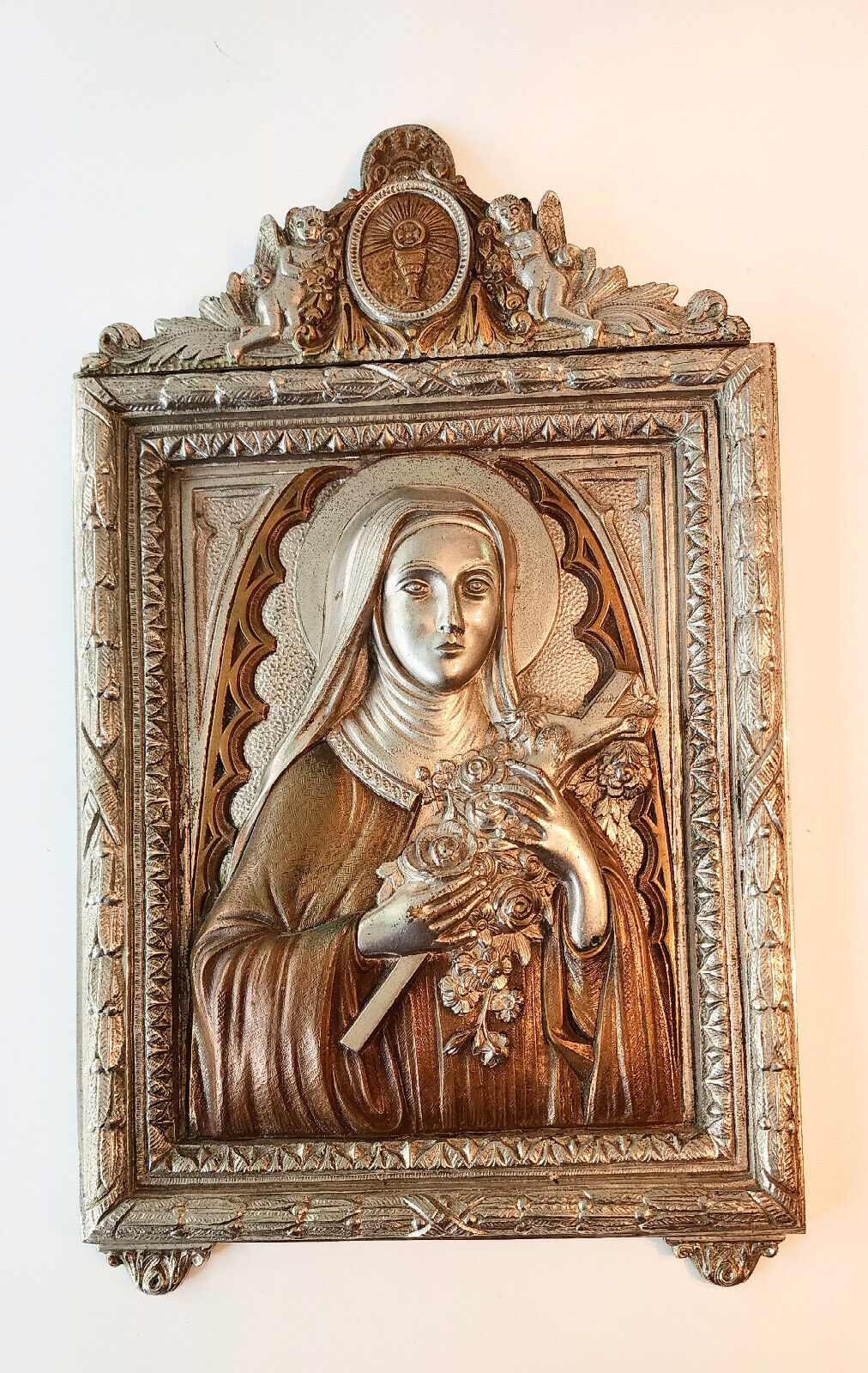 Large Ornate St Theresa Antique Embossed Metal/Bronze Figural Icon RARE