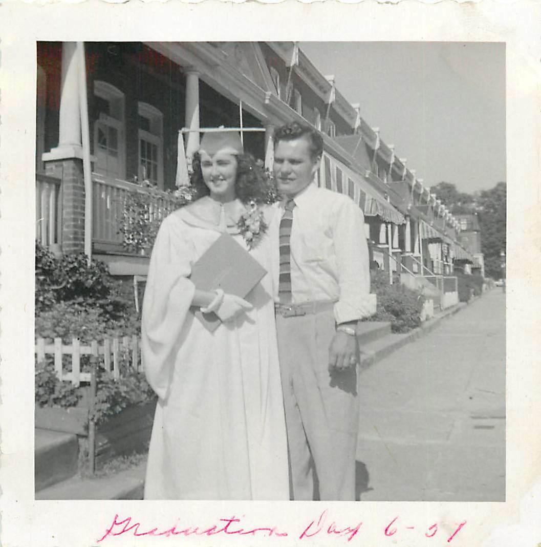 vintage SNAPSHOT Young Woman Graduation 1957 Cap and Gown Proud Dad Or Brother