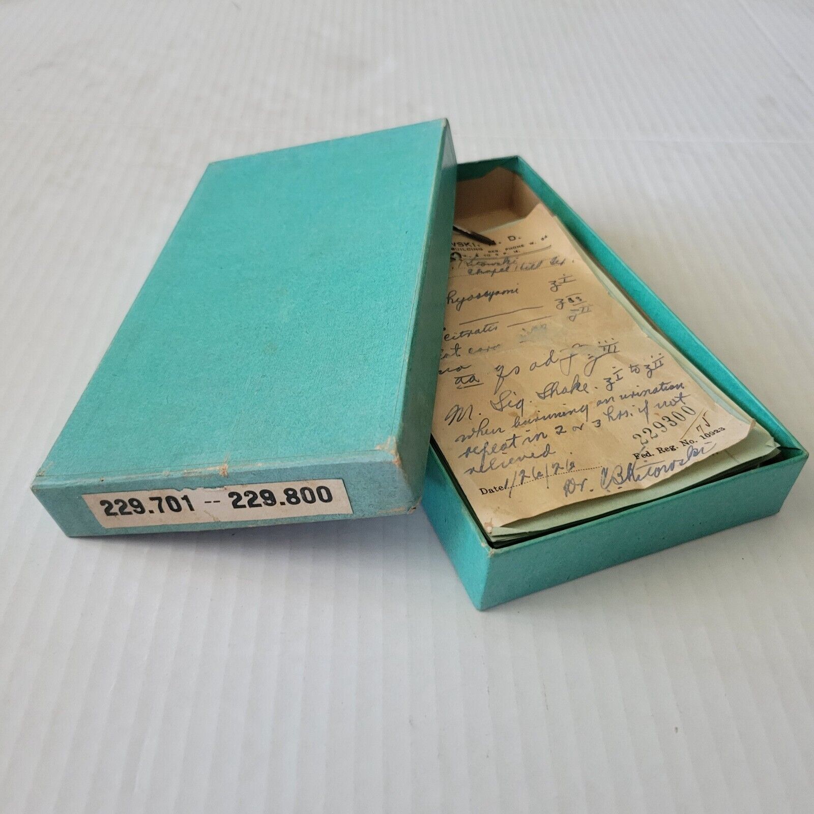 Antique Prescription File Box  w/  102 original 1926 scrips (Serially numbered)