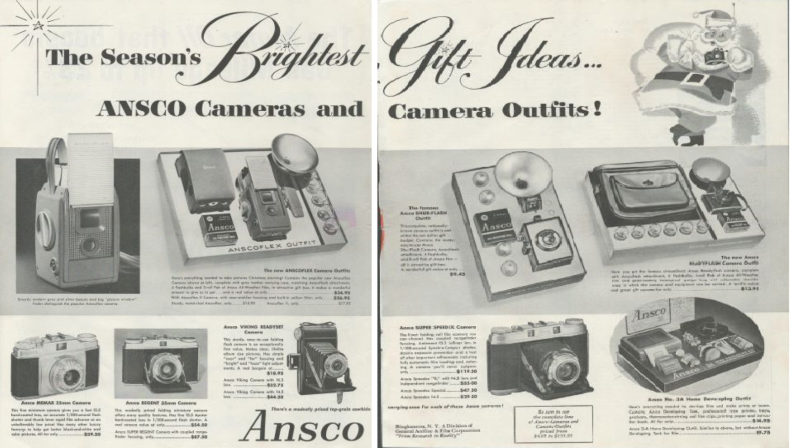 1954 Ansco Cameras Outfits Season's Gift Christmas Santa Claus Print Ad 2 Page