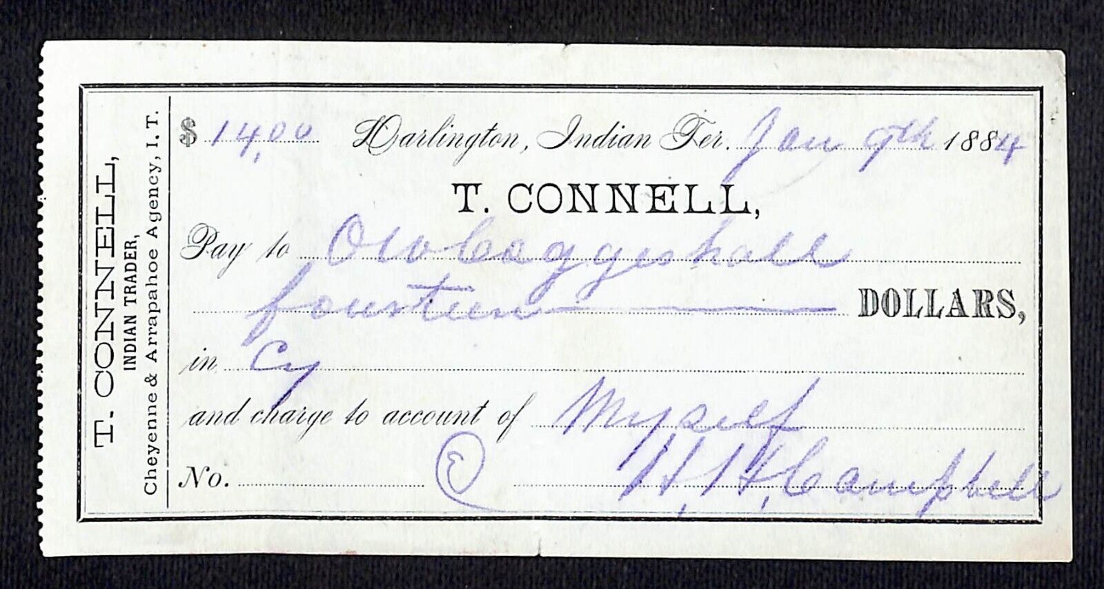 Darlington, Ok Indian Territory 1884 T. Connell Indian Trader Check Scarce