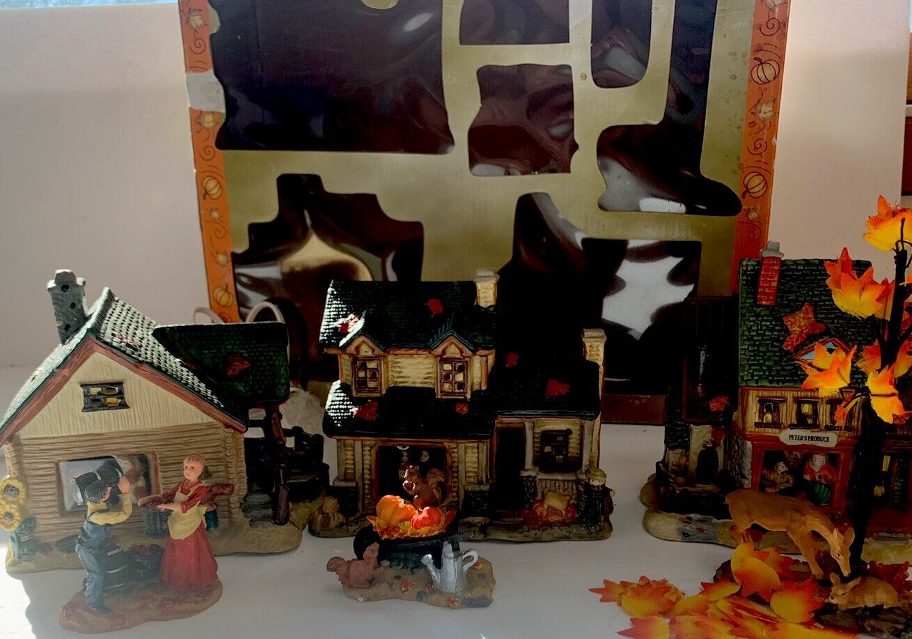 Vintage Autumn Grove Porcelain Lighted Harvest Village 6 Piece Set In Box